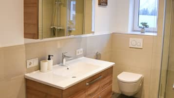 Dusche, Haartrockner, HandtĂŒcher, Toilettenpapier