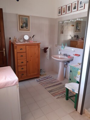 Een douche, een haardroger, een bidet, handdoeken