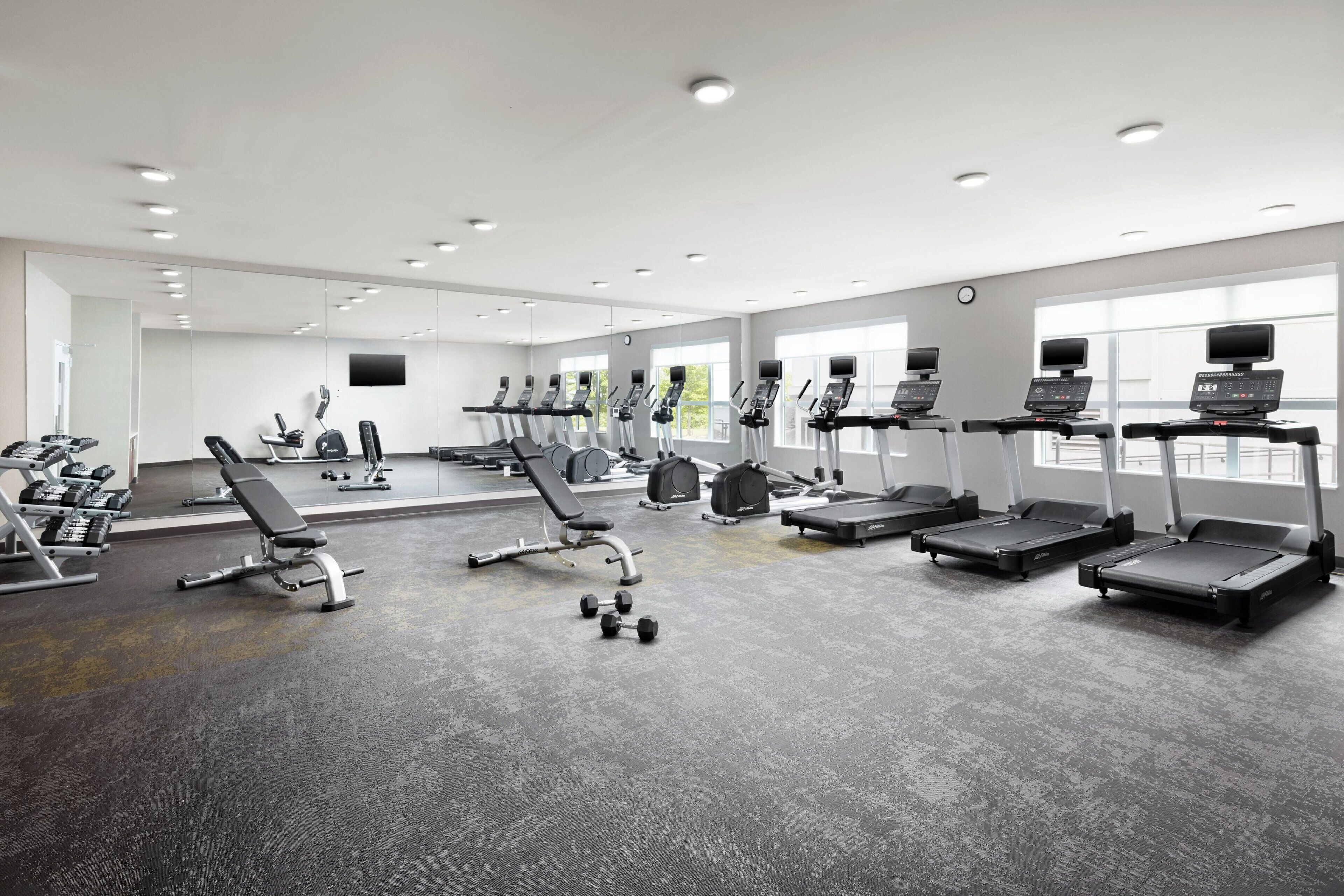 A modern gym with various exercise equipment, large windows, and a clean, spacious layout.