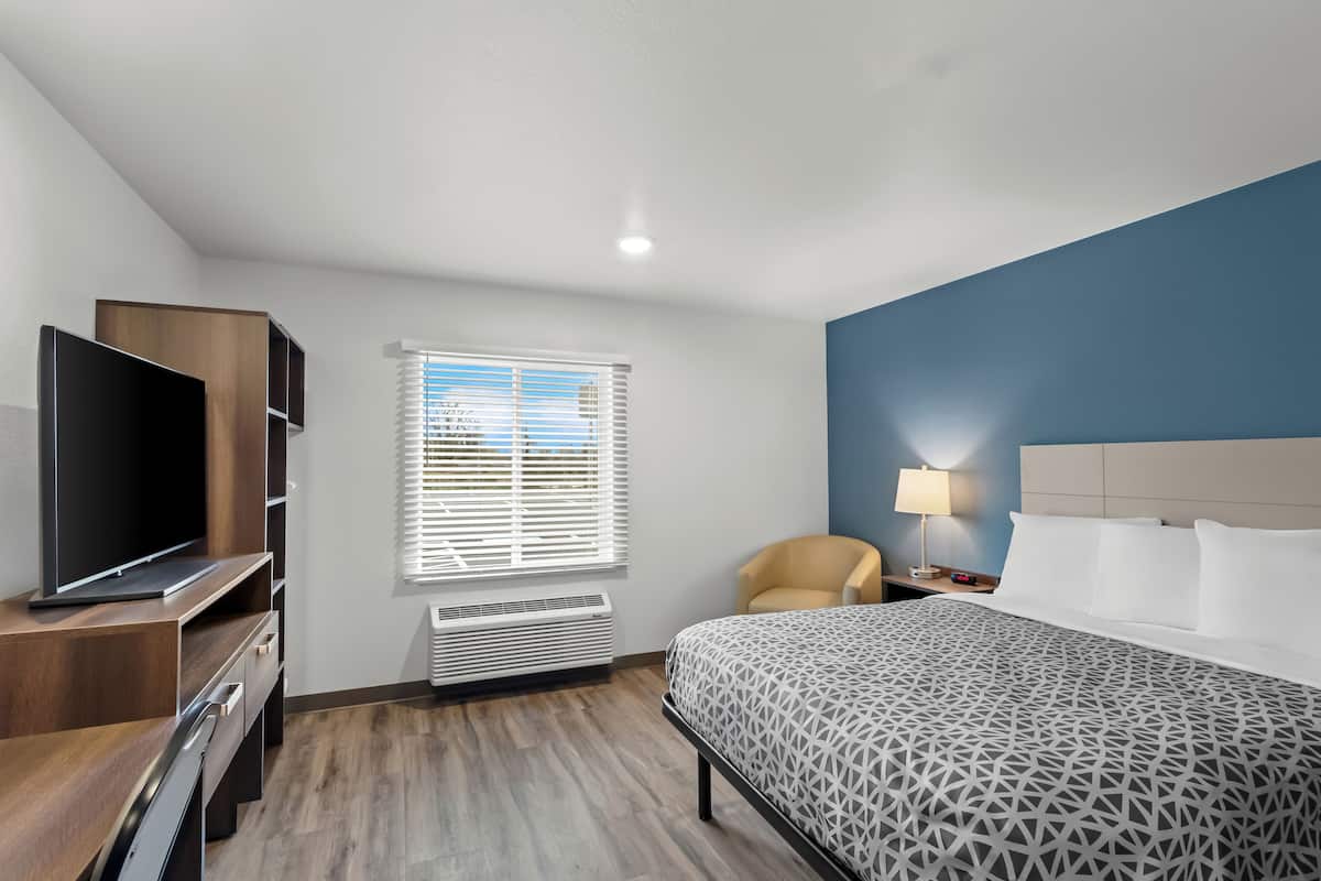 A hotel room with a bed, a TV, a chair, a lamp, and a window with blinds.