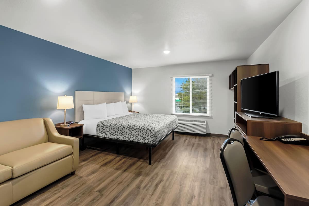 A hotel room with a bed, a desk, a television, a sofa, and a window with blinds.