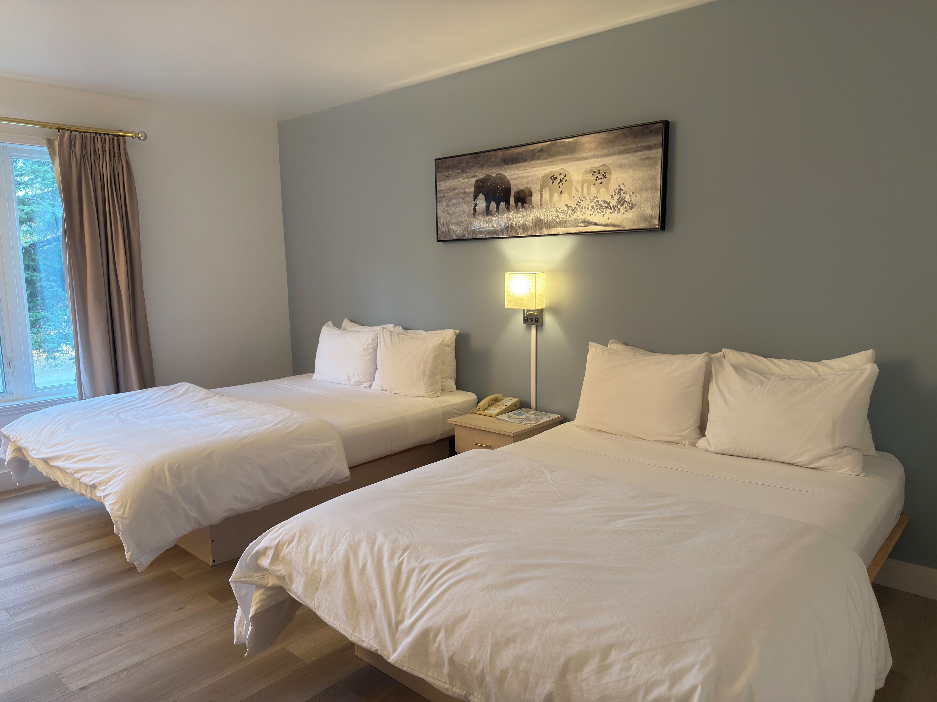 A hotel room with two beds, a nightstand with a lamp, and a painting on the wall.
