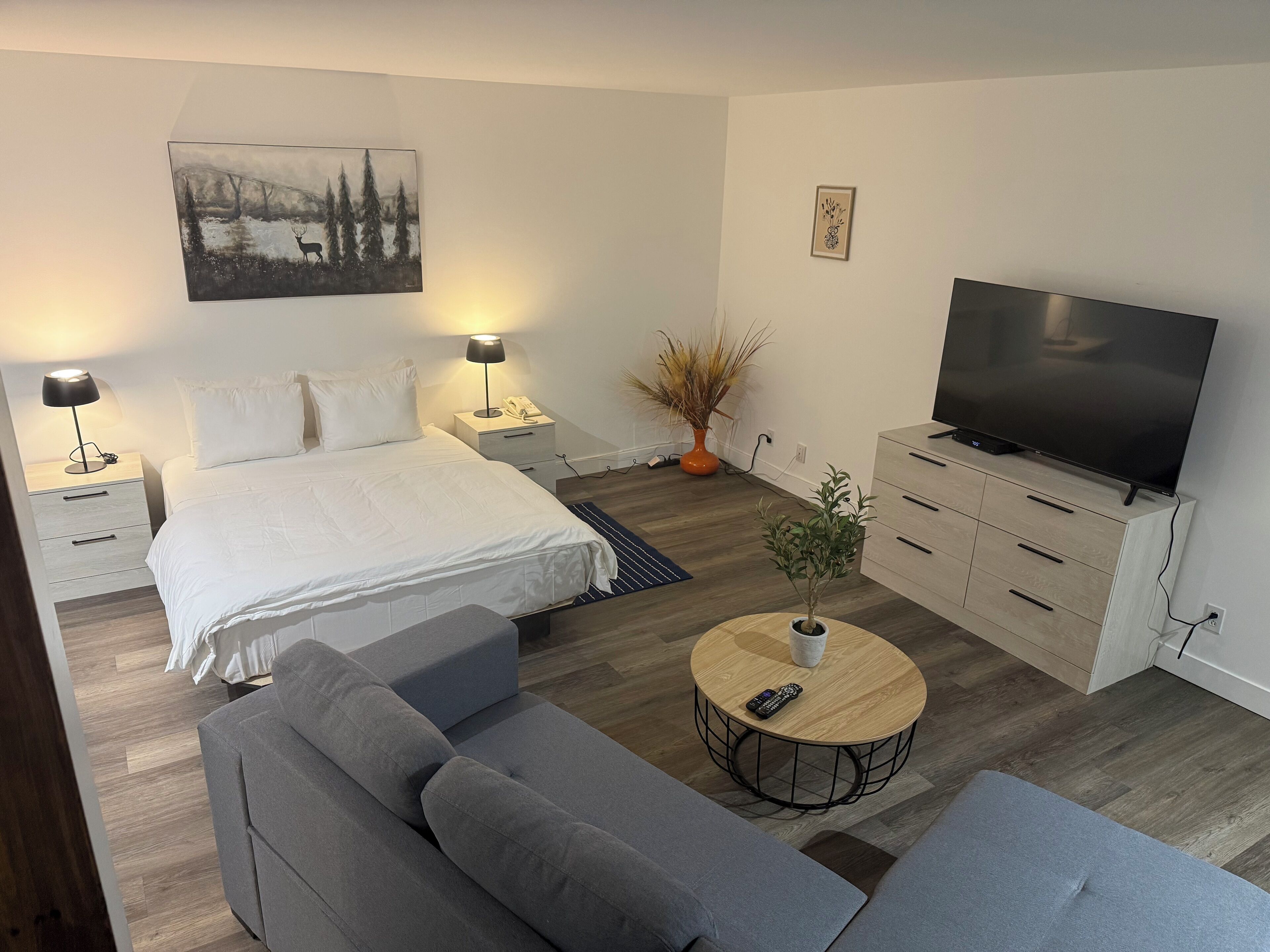 Un dormitorio moderno con una cama grande, mesitas de noche con lámparas, un televisor, un sofá y una pequeña mesa redonda.