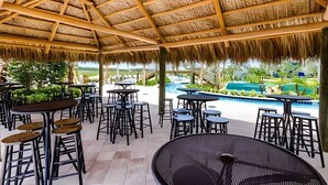 An outdoor seating area with tables and chairs, a thatched roof, and a view of a pool and greenery. - Beautiful 4BR Storey Lake Resort close to Disney (Kissimmee)