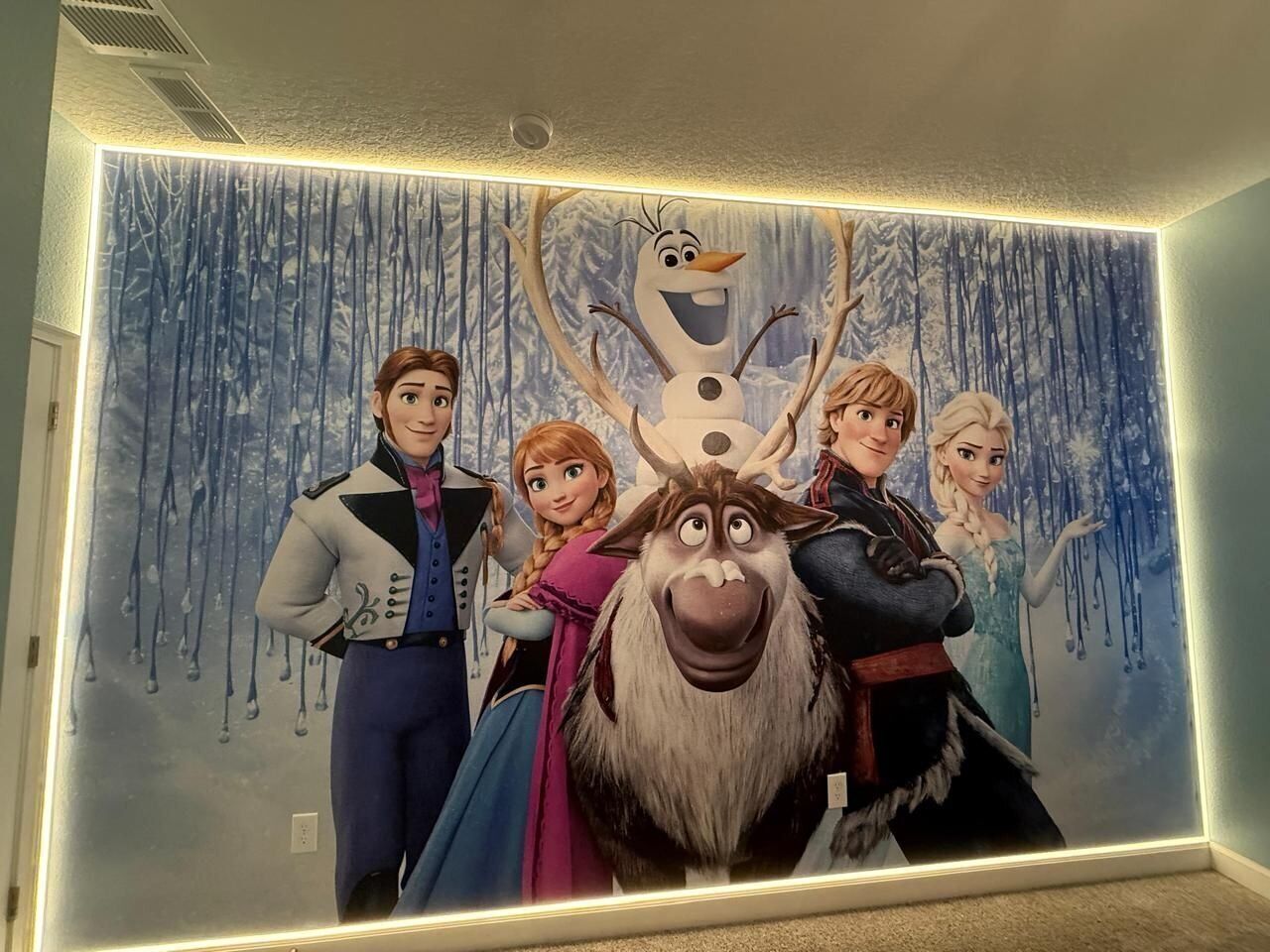 A wall with a poster of animated characters.