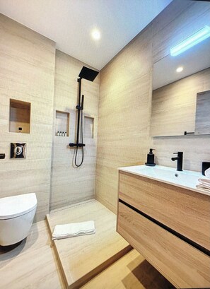Hair dryer, towels, soap, shampoo