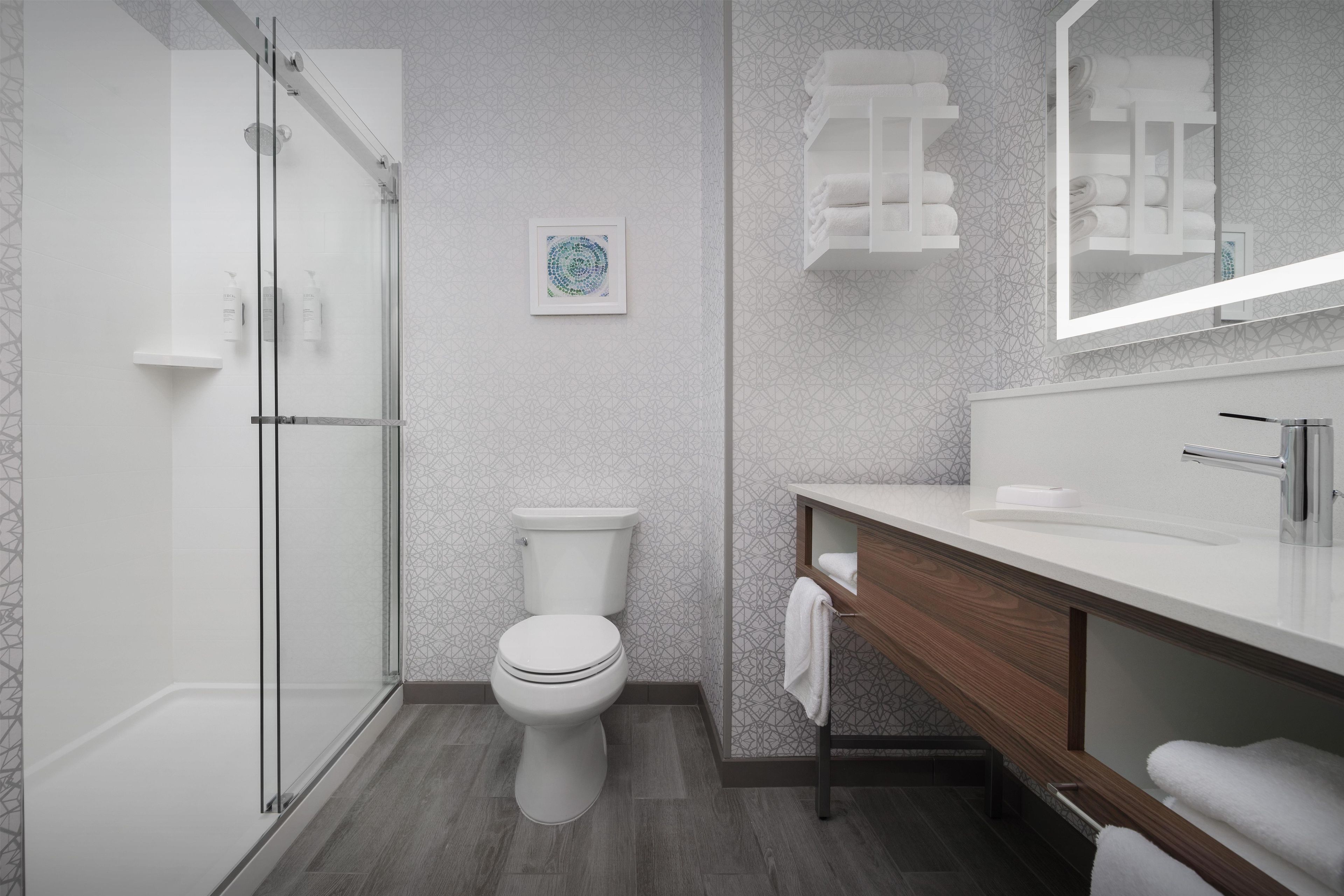A modern bathroom with a glass-enclosed shower, a toilet, and a vanity with a mirror.