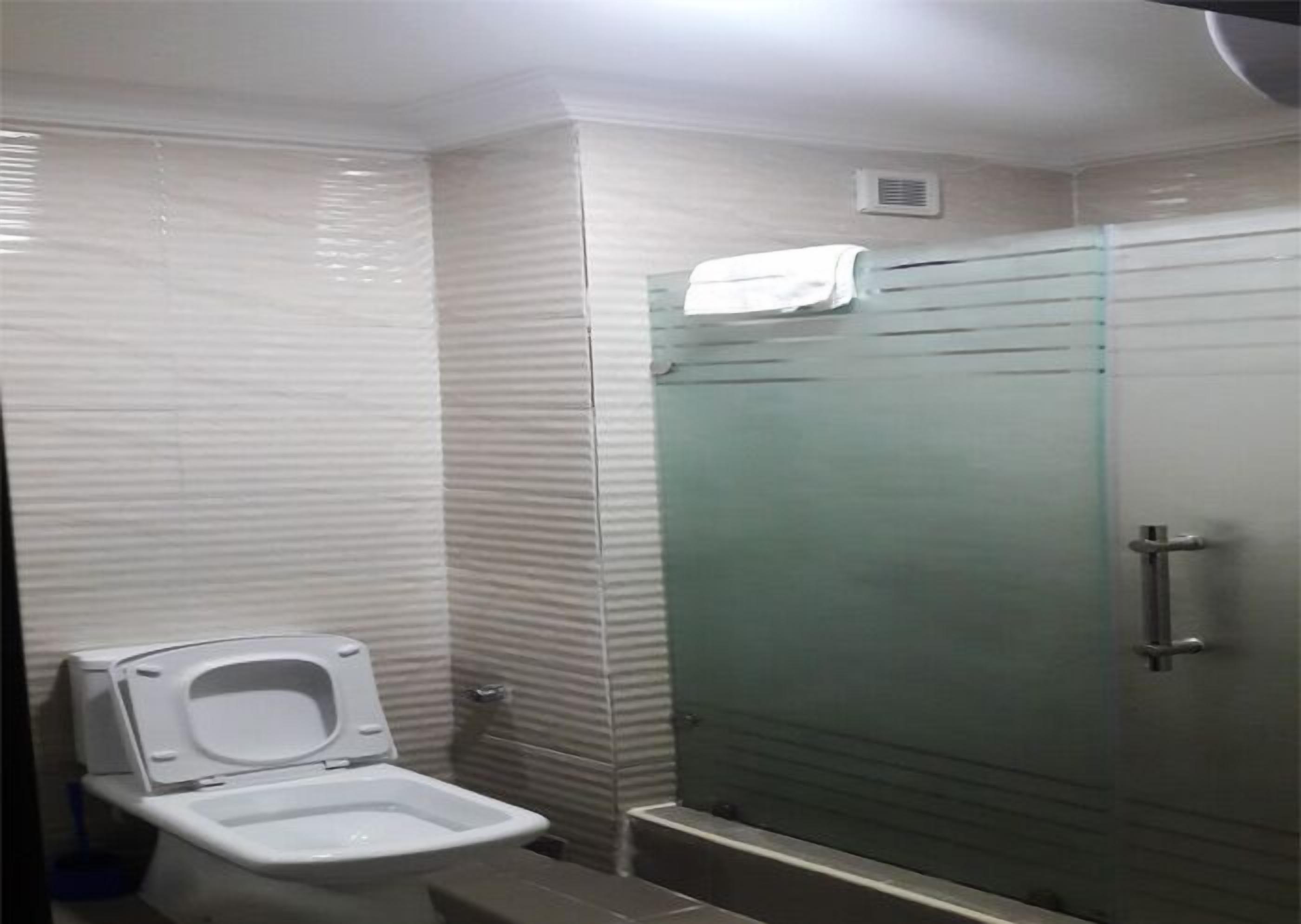 Une petite salle de bain avec des toilettes, un espace douche et une serviette accrochée à la porte de la douche.