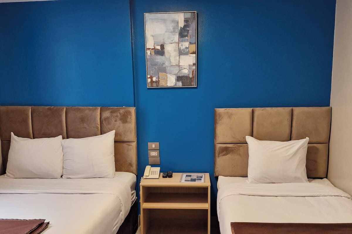 Eenvoudige Twin kamer | Donzen dekbedden, een kluis op de kamer, een bureau, een laptopwerkplek