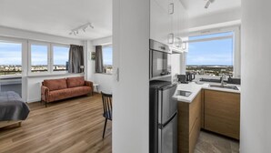 Un appartement moderne comprenant une cuisine, un canapé et un coin repas.