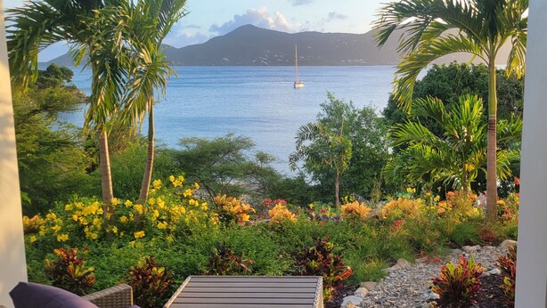 A view of a coastal area with a boat on the water, surrounded by lush greenery and a bench. - BEACHFRONT 5 BEDROOM VILLA–POOL, SOLAR, PRIVATE (East End)