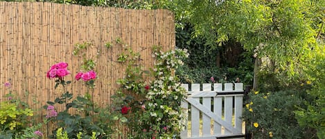 A garden with a bamboo fence, flowering plants, and a white picket gate.