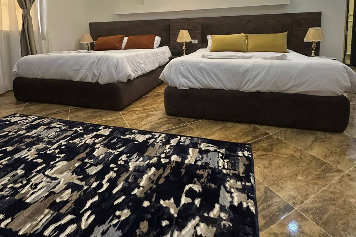 Un dormitorio moderno con dos camas, un tapete grande e iluminación empotrada en el techo.