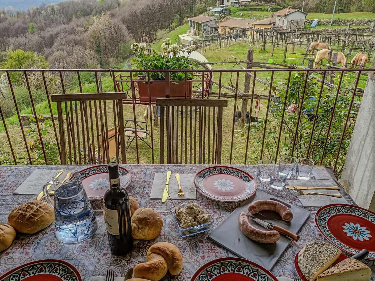 A table set for a meal with a bottle of wine, bread, and plates, overlooking a vineyard.