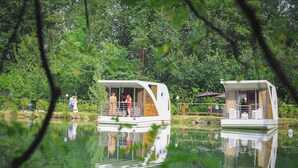 Two floating cabins on a calm body of water, surrounded by lush greenery. - Floating Dream, Houseboat (Fiano)