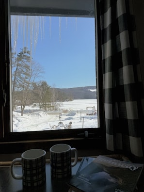 Ein Fenster mit Eiszapfen, Blick auf eine verschneite Landschaft mit Bäumen und einem Gewässer, sowie zwei Tassen auf einem Tisch.