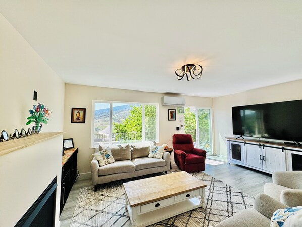 Smart TV, fireplace, books, offices