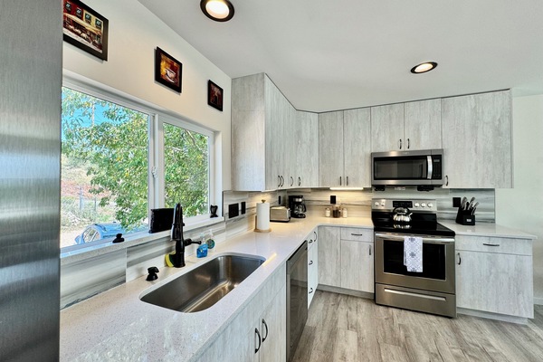 Fridge, microwave, oven, stovetop