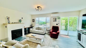 Smart TV, fireplace, books, offices