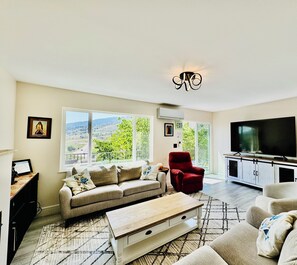 Smart TV, fireplace, books, offices