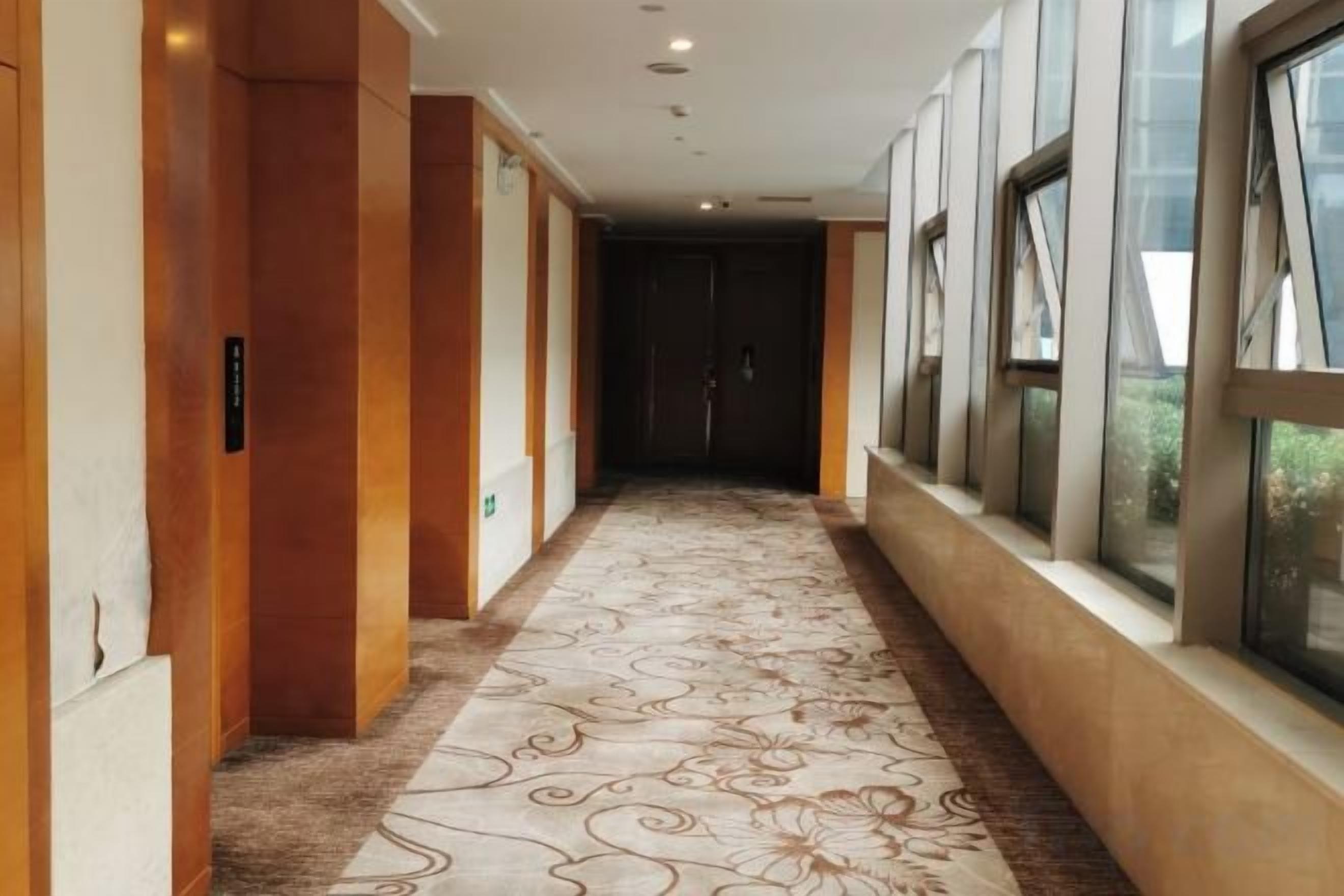 A hotel corridor with patterned carpet, wooden walls, and large windows.