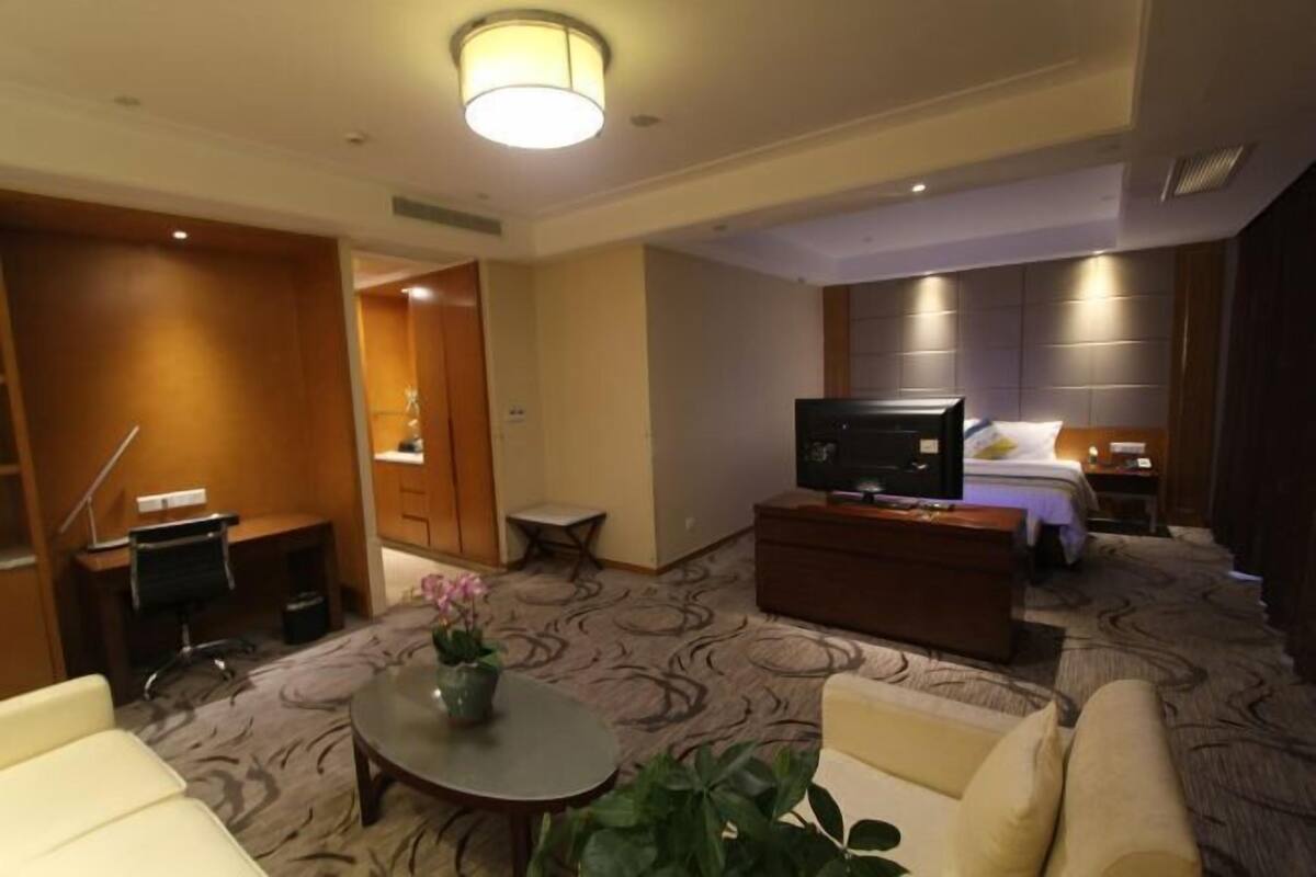 Camera d'albergo con un letto, una televisione, una scrivania, una sedia, un divano e un piccolo tavolino con una pianta.