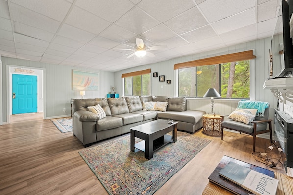 Smart TV, fireplace, video games, DVD player