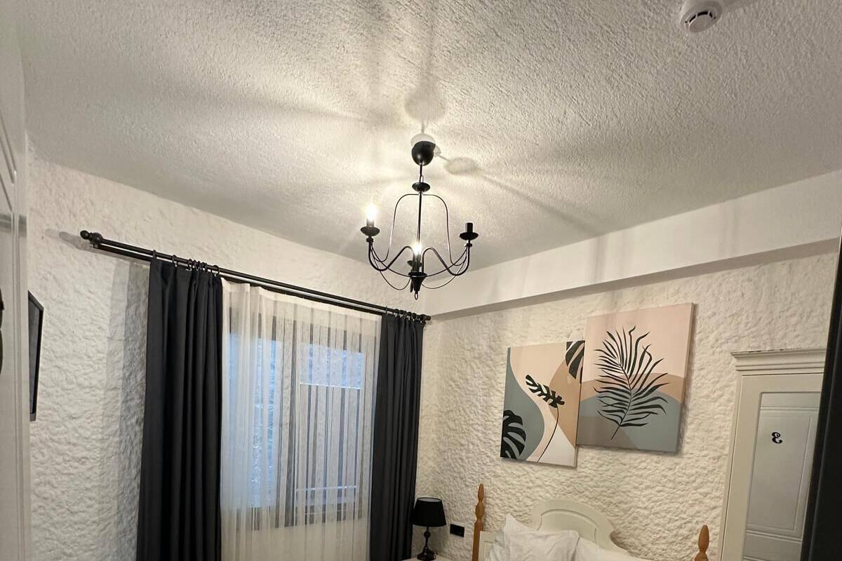 A bedroom with a bed, a chandelier, a nightstand, a lamp, and artwork on the wall.