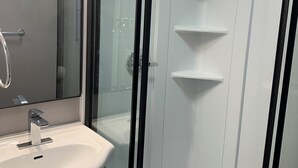A modern bathroom with a glass-enclosed shower, a white sink, and a mirror above the sink.