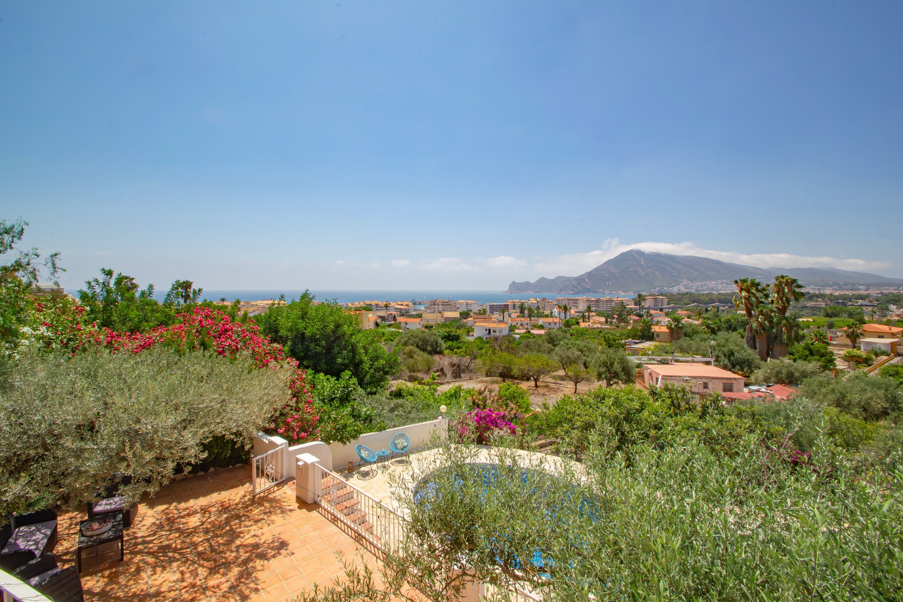 Zona residencial con piscina, abundante vegetación y una montaña a lo lejos.