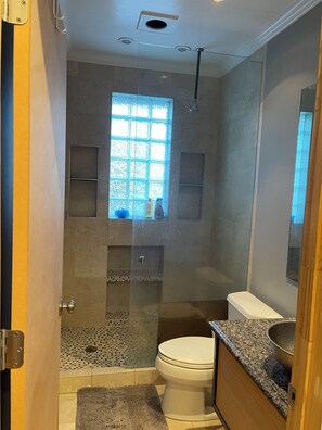 Shower, hair dryer, towels, soap