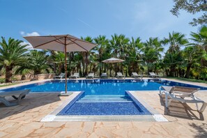 Ein Swimmingpool mit Liegestühlen und Sonnenschirmen, umgeben von Palmen.