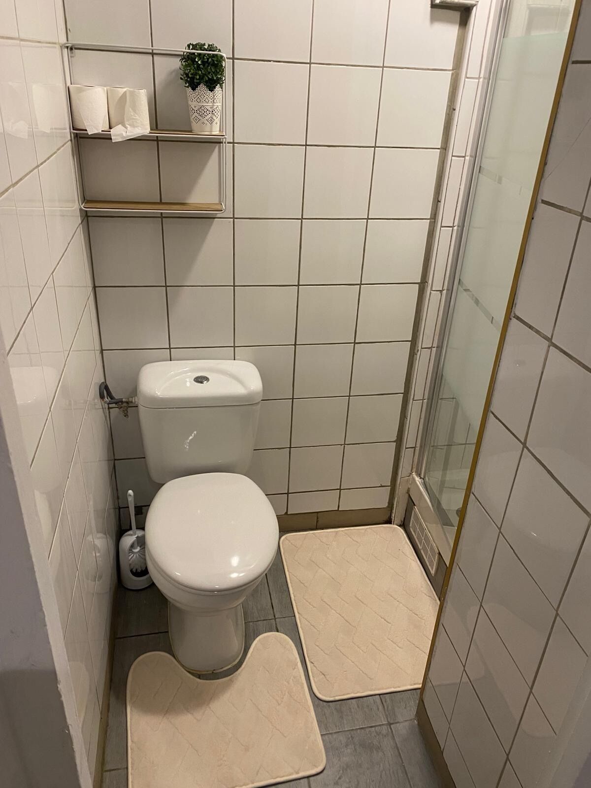 Een douche, handdoeken, zeep, toiletpapier