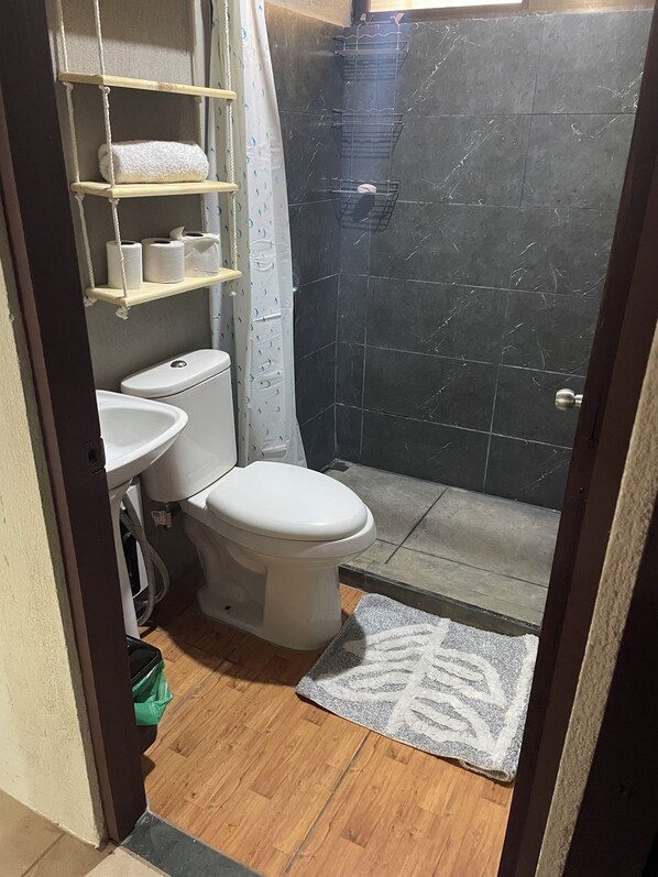 A compact bathroom with a toilet, sink, and shower area. - Maison Congos, 5 minutes from Santa Teresa (Cobano)