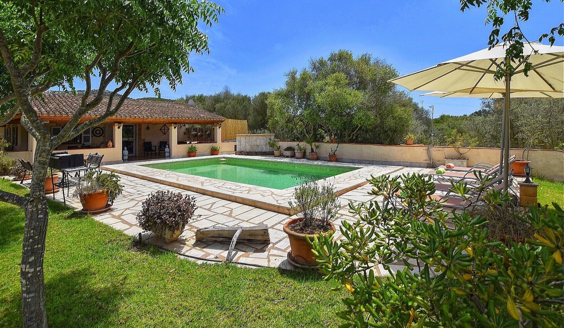 A pool area with a tiled deck, potted plants, and outdoor furniture.