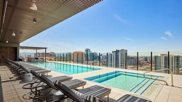 Outdoor pool, open 6:00 AM to 11:00 PM, pool umbrellas, sun loungers