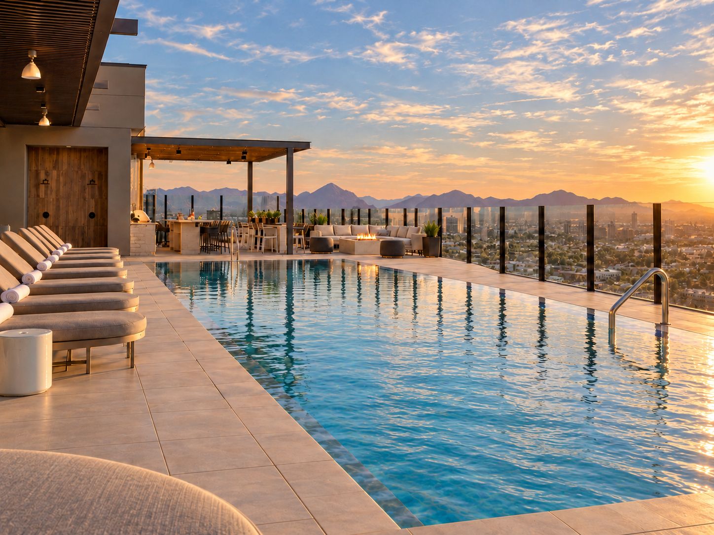 A rooftop infinity pool with lounge chairs, a bar area, and a view of mountains.