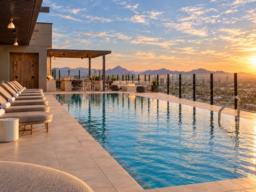 A rooftop infinity pool with lounge chairs, a bar area, and a view of mountains.