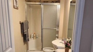 A bathroom with a glass shower enclosure, a toilet, a sink with a mirror, and a small potted plant.