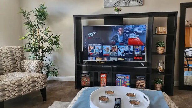 A living room with a television displaying a streaming service interface, a sofa, a coffee table with snacks, and a decorative plant.