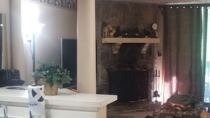 Una sala de estar con zona de cocina, chimenea de piedra y un sofá.