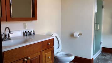 Douche, serviettes fournies, savon, shampoing