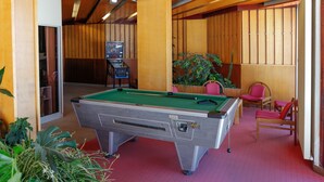 Ein Billardtisch in einem Raum mit Holzwänden und einer Topfpflanze.
