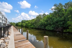 A wooden dock leading to a riverbank with dense greenery and a clear sky. - ⚓Eco-Home | Heated Pool, Boat Slip, Fire Pit & Elevator + Min to AMI⚓ (Bradenton)
