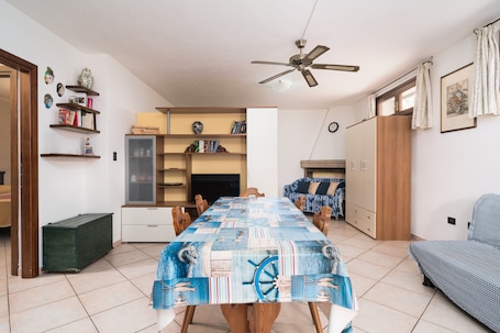 TV, fireplace. Holiday Apartment "Comfortable and Cool Basement" with Private Terrace, Garden and Wi-Fi
