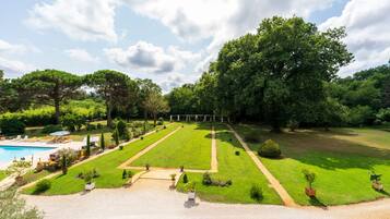 Ein angelegter Garten mit Schwimmbecken, Wegen und ordentlich gestutztem Rasen.