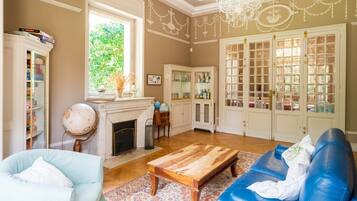 Télévision, cheminée, lecteur de DVD, table de tennis de table