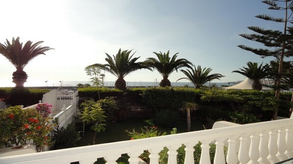 A balcony with a white balustrade overlooking a garden with palm trees and a view of the sea.