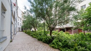 A paved pathway flanked by lush greenery and buildings with balconies.