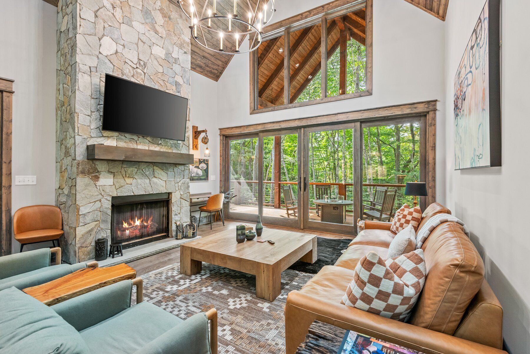 Smart TV, fireplace, video games, music library